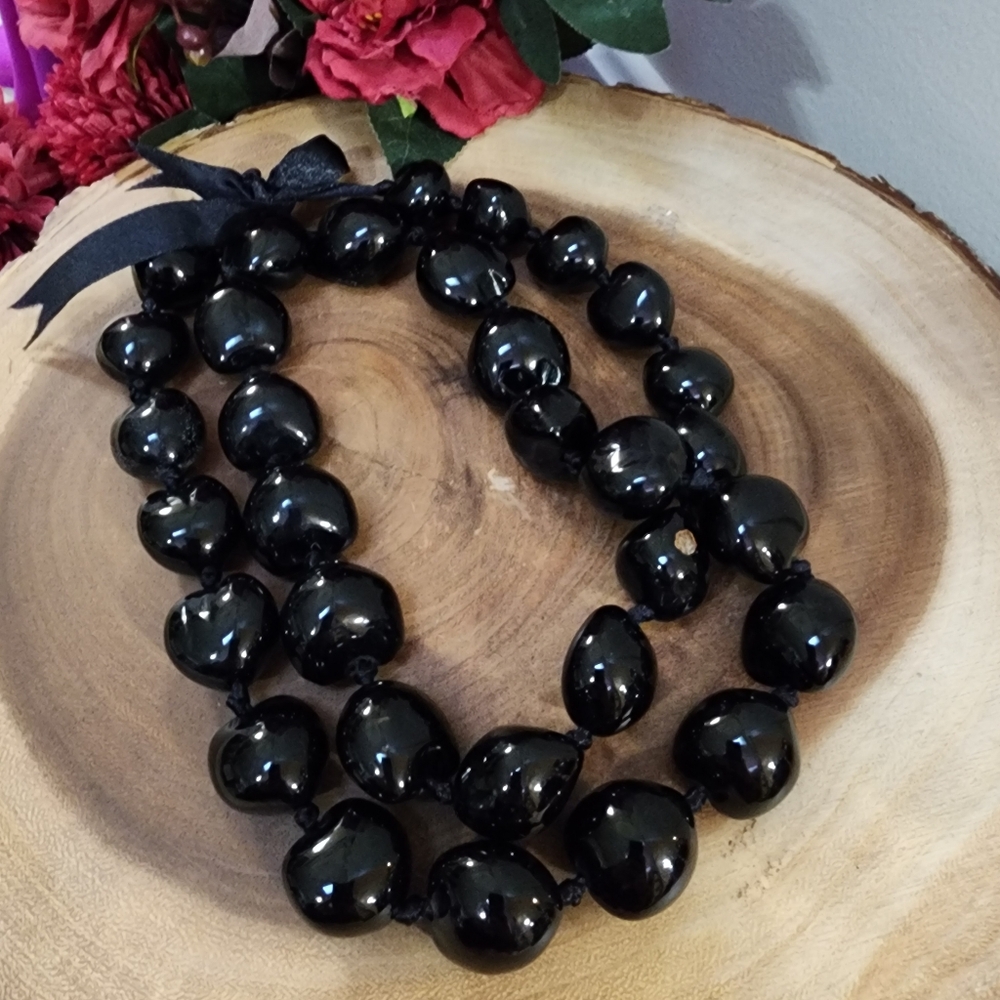 Vintage Chunky Kukui Nut Lei Necklace Knotted Ribbon Beads Black Hawaiian Tropic